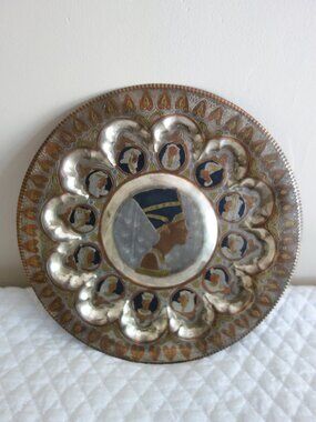 Vntg Handmade Engraved Egyptian Pharaoh Decorative Metal Plate